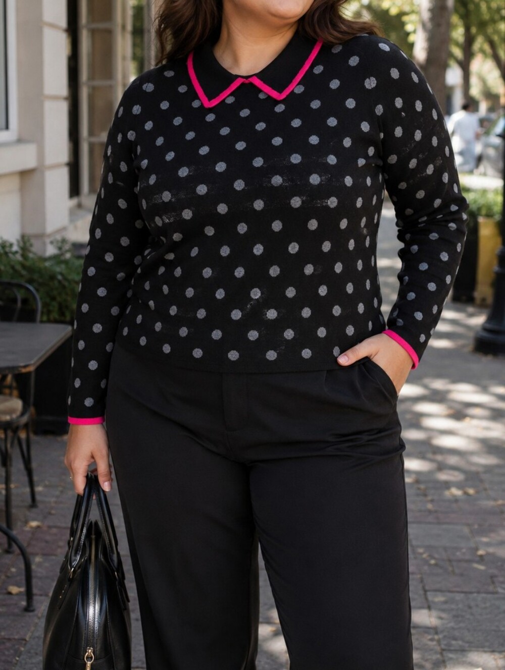 Elena Wang Black Polka Dot Sweater Top Pink Trim Peter Pan Collar Preppy Casual